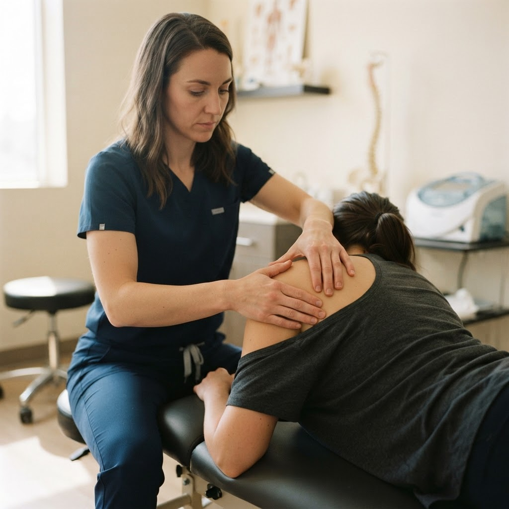 Gentle, precise hands-on soft-tissue work around a client's shoulder joint