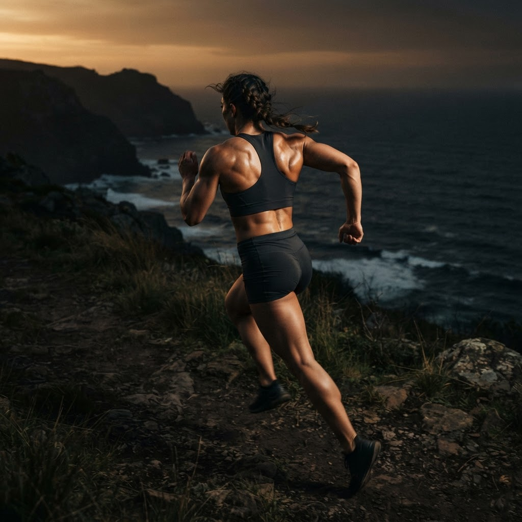 An athletic figure in dynamic motion, side-lit to reveal musculature